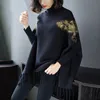 Black Lazy Wind Loose Turtleneck Sweater Poncho Kvinna Bat Sleeve Fransed Stickad Pullover Kvinnor Vår Höst 210427