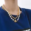 Titane avec or 18 carats fausse perle serrure en couches déclaration collier en acier inoxydable bijoux t Show Party piste Boho Japon Corée279L