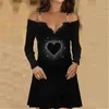 Casual Sukienki Vintage Koronki Sukienka Dla Kobiet Z Długim Rękawem Cekiny Gothic Sexy Off Ramię Łańcuch V-Neck Luźne Mini Ladies Eleganckie