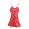 Женские платья красные цветочные рюшащие без спинки мини женщина летом сексуальный тонкий ремешок драпированные вечеринки Vestidos 210430