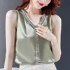 Корейские моды женщины шелковые блузки атласные V-образные вырезывает топы плюс размер женщины твердого без рукавов блузка кисточка топ 210427