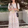 韓国の夏の新鮮な甘い女の子半袖ピーターパン襟の花ドレス女性レースアップウエストルーズプレーリーシックヴィステッドマキシ210429