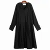 [EAM] Women Black Big Size Casual Pleated Mid-Calf Dress Lapel Long Sleeve Loose Fit Fashion Spring Autumn 1DD8218 210512