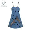 Abito estivo da donna con cinturino coreano Cartoon Appliques senza maniche senza schienale a vita alta Una linea da donna Causl Mini abiti da bretella 210515