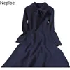 Neploe Stand Neck Bow Woman Dress Single Breasted A-line Plaid Knitted Dresses Women High Waist Slim Vintage Elegant Vestidos 210422