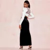 Women's Sexy 2 Piece Two-Piece White Long Sleeve O-Neck Mesh Beaded Top & Black Velvet Split Skirt Party Set 210525