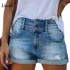 Bomull Jeans Kvinna Högt midja Stretch Shorts Sommar Streetwear Zipper Med Pocket Knapp Casual Blå Cuffed Ripped Denim Short 210724