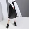 التنانير البسيطة تصميم عالي الخصر شبكية مطوية الأزياء الأزياء الكورية على الطراز الكوري بلوك أسود أبيض للسيدات السيدات ميدي الصيف