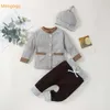 Novo bebê menino menina tops manga longa bolso crianças calça chapéu recém-nascido meninos roupas camisa casaco calças chapéu 3 pcs conjunto de outono 3-18m g1023