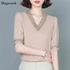 Office Lady V-neck Solid Women Blouse Summer Short Sleeve Embroidery Casual Satin Silk Shirts Plus Size Loose Tops 13460 210512