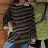 コットンストライプポロシャツカラー長袖Tシャツ女子学生韓国の特大の緩い春秋の薄いトップ服210526