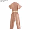 Zevity Women Turn Down Collar Solid Color Sashes Ankle Length Jumpsuits Chic Ladies Short Sleeve Casual Business Rompers DS8258 210603