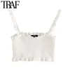 Kadın Tatlı Moda Fırfır Trimler Kırpılmış Örme Bluzlar Vintage Backless Sapanlar Kadın Gömlek Chic Tops 210507