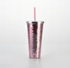 The latest 24OZ double-layer plastic coffee mug, straight-shaped water cup with glitter straw, supports customized logo