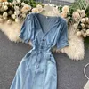 Automne Summer Denim Robe Casual Mini Denim Femme Manches courtes Taille haute Poche à lacets Femmes 210508