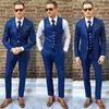 Красивый синий свадебный смокинг из трех частей, костюм 2021, облегающий тонкий атласный мужской пиджак, брюки и жилет, деловая летняя одежда для жениха на открытом воздухе, traje de novio