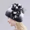 Ryssland Kvinnor Real Rex Kanin Fur Skullies Mössor Lyx Stickade Blommor Äkta Cap Vintermänniska hatt 211119
