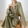 Solide élégant robe femmes automne pansement Midi robe fendue bureau dame concepteur décontracté Style coréen une pièce robe femme 210325