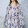 Robes décontractées Printemps Automne Vintage Violet Floral Imprimé Pour Femmes 2021 Piste Élégant Volants Col En V À Manches Longues Robe En Mousseline De Soie