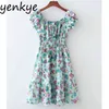 Sweet Floral Print Sexy Off Shoulder Dress Dames Elastische Taille Korte Mouw Vestido Mujer Summer Casual Holiday 210514