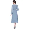 Femmes d'été robe longue plissée femme manches élégantes taille haute bleu drapé maxi robes col en v en mousseline de soie avec ceinture 210506