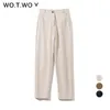 WOTWOY High Waisted Straight Leather Trousers Women Zipper-Up Casual Fleece PU Pants Female Black White Autumn 211118