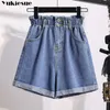 Verão Alto Cintura Denim Shorts Mulheres Casual Soltos Senhoras Moda Roll Up Hem Elástico Calça Calça Jeans Plus Size S-5XL 210611