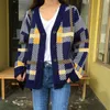 Peut-être U Femmes Rose Bleu Plaid V Cou Simple Bouton Bouton Tricoté Pull Lâche Cardigans Hiver Outwear M0006 210529