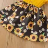 Focusnorm 2-7Y Kids Meisjes Zomerjurk Ruches Fly Mouw Button Sunflower Printing Stitching A-Line Princess Jurk Q0716