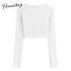 yitimucengホワイトTShirts for女性のファッションの女の子オープンステッチセクシーなトップス夏のスリムビスティエVネックストリートウェア長袖服210601