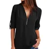 Summer Women Chiffon Bluses Elegant V Neck Roll Up Long Sleeve Zipper Tunic Tops Casual Loose Blue Shirts Female 5xl Plus Size 210326