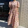 Nomikuma Koreański Kwiatowy Drukowana Sukienka Kobiety O Neck Krótki Rękaw Puff Summer Sukienki Slim Talii Lace Up Casual Fashion Robe Femme 210514