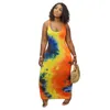 New Ladies Long Dress Solid Color Tie dye Short Sleeve Casual Skirt U-neck Big Swing Fashion Printed Sleeveless