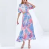 Primavera verão boêmio vestidos longos gravata tintura oco out o-pescoço mulheres vestidos retalhos fino cintura elegante femme robe 13a173 210525