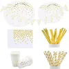 Disposable Dinnerware Gold Dot Series Tableware Paper Plates Cups Straws Baby Shower Birthday Party Decorations Wedding Supplies