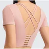 L-016 المحاصيل الأعلى المرأة قمصان اليوغا مبطن الصدرية قمم قصيرة الأكمام بلون لينة جودة عالية رياضة ملابس رياضية
