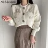 MATAKAWA Heavy Embroidery Beaded Woman Sweaters Korean Chic Retro Round Neck Cardigan Single-breasted Sweaters for Women 210513