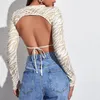 Imcute Sexy Backless Lace Up T-shirt Women Zebra Stripe Long Sleeve Tops Fashion Slim Fit Round Collar Crop Lady Women's