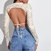 Imcute Sexy Backbloble Lace Up Футболка Женщины Зебра Полоса с длинным рукавом Топы Мода Slim Fit Круглый Воротник Урожай Женщины