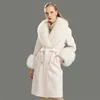 Yün Ceket Kadınlar Pied De Poule Doğal Kürk Yaka Kaşmir Karışımları Uzun Giyim Bayanlar Streetwear 211110
