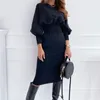 Mode-mode O-hals lange mouwen potlood jurk vrouwen herfst winter zwart roze bodycon elegante kantoor vrouw jurken robe femme