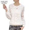 Primavera Casual Manga Longa Mulheres Mulheres Beading Lace Gancho Flor Camisa Blusa O-Pescoço Tops Blusas D249 30 210521