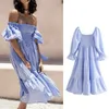 2021 Moda Mulheres Céu Azul Manta Impressão Verão Dza Vintage Puff de Manga Curta Back Bow Senhoras Midi Vestido X0529