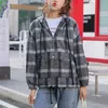 Women Hooded Pullover Thick Gray Black White Plaid Pocket Autumn Winter H0070 210514