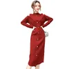 Elegant O-neck Women Solid Red Black Sweater Elastic Sheath Dresses OL Style Long Sleeve Knitted Mid-length Dress femme robe 210520