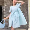 Ins Summer Blue Puff Sleeve O-Neck Mini Dress Women Korean Sweet Robes Ball Gown Fairy Party Streetwear Clothes 210514