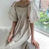 Women Khaki Fold Simplicity Dress Square Collar Half Puff Sleeve Loose Fit Fashion Summer Robe 2F0363 210510