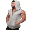 Mężczyźni Tank Topy Mięśni Bez Rękawów Sportowa Męskie Trening Siłownia Tank Top Kapturem Zipper Bawełniany Kulturystyka Tanktop Run Solid Camiany 210623