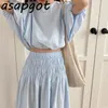 Sweet Puff Short Sleeve Blouse Women Spring High Waist Pleated Big Swing Skirt Fashion 2piece Set Korean Chic Gentle 210429