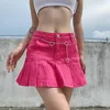 Skirts Pink Denim Pleated Mini Solid Casual Woman Fashion Korean Style High Waist Skirt With Lined Club Party Girls 2022